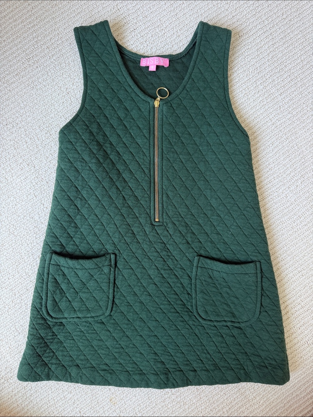 BisbY Girls' Quilted Emerald Green Zip-Front Casual Dress
